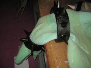 EVA Foam cuffs with paper mache spikes from eBay, coated in plastidip.