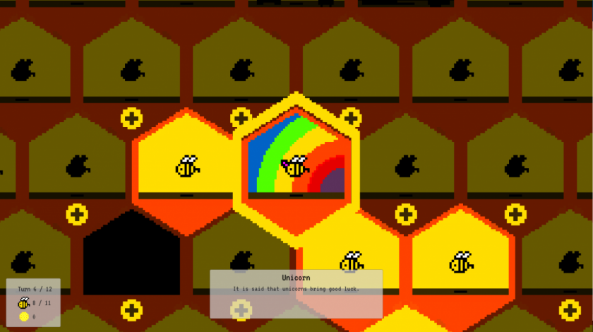A game of Plan Bee in action. Cursor focused on a Unicorn Bee, who has a rainbox hex.